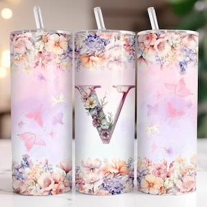 Carta de monograma floral V Tumbler Wrap PNG Arquivo, Pastel Tropical Flowers Nome Inicial 20oz Sublimação Skinny Tumbler Design Digital DOWNLOAD