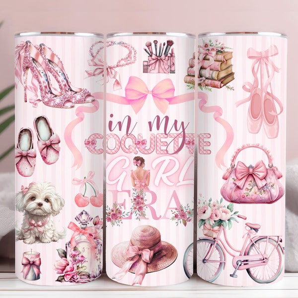 Coquette Style Tumbler Wrap, Pink Bow Aesthetic Girly 20 oz Skinny Tumbler PNG, Preppy Ribbon Feminine Design File, In My Coquette Girl Era