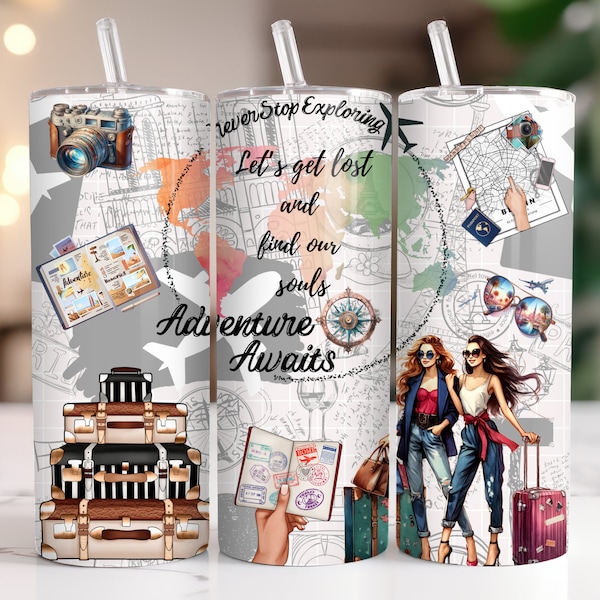 Adventure Awaits Travel Lover Tumbler Wrap, 20oz Skinny Tumbler World Traveler Adventurer Explorer Wanderlust Sublimation Digital Design PNG