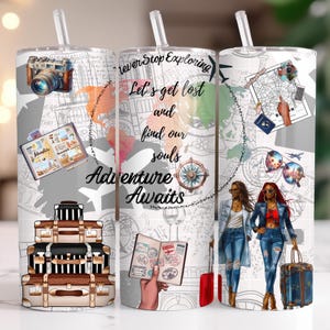 Travel Lover Adventure Awaits 20oz Skinny Tumbler Wrap PNG, Weltreisende Abenteurer Entdecker Wanderlust Nahtlose Design Sublimationsdatei