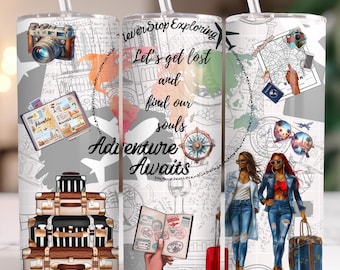 Travel Lover Adventure Awaits 20oz Skinny Tumbler Wrap PNG, World Traveler Adventurer Explorer Wanderlust Seamless Design Sublimation File
