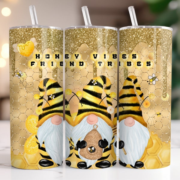 Honey Vibes Gnomes Tumbler Wrap, Seamless Honeycomb 20oz Skinny Tumbler PNG, Friend Tribes Glitter Bee Hive Design Digital Download File