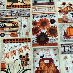 May include: A colorful fabric with a fall theme. The fabric features images of bicycles, trucks, pumpkins, sunflowers, and owls. The fabric also has the words "Welcome Fabulous Fall", "Celebrate Fall", and "Happy Fall Y'all".