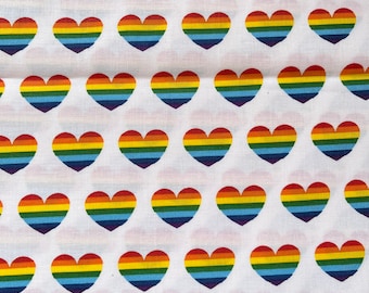 White Rainbow Hearts Fabric