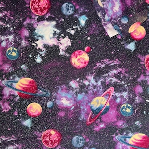 Sparkly Purple Galaxy and Planets Fabric