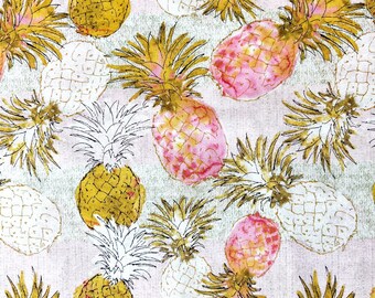 May include: A pink and white fabric with a repeating pattern of gold and pink pineapples. The pineapples are drawn in a stylized, graphic style.
