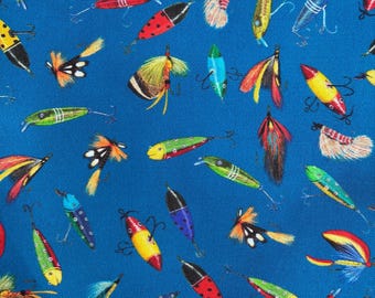 fabric with fishing lures in Midnight Navy Blue Fabric, Raspberry Creek Fabrics The Lure of Fishing