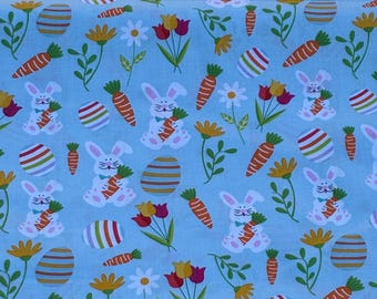 Mint Bunnies and Flowers Half a Yard Easter Fabric