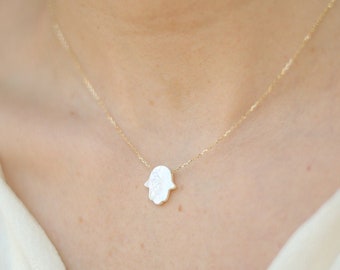 Hamsa Hand Necklace 14K Solid Gold, Mother Of Pearl Necklace, Nazar Hamsa Gift for Her, Fatima Hand Charm, Gold Luck Necklace, Gift for Her