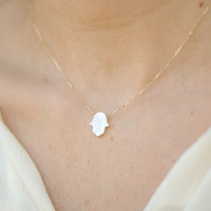 Hamsa Hand Necklace 14K Solid Gold, Mother Of Pearl Necklace, Nazar Hamsa Gift for Her, Fatima Hand Charm, Gold Luck Necklace, Gift for Her