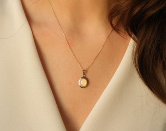 Australian Vintage Style Opal Necklace, 14K Solid Gold Dainty Opal Necklace, October Birthstone, Natural Opal Pendant, Best Gift for Her