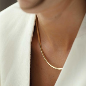 14K Solid Gold Herringbone Necklace, Flat Herringbone Choker, Gold Snake Necklace, Gold Layering Chain, Valentine gift, High Polished Chain
