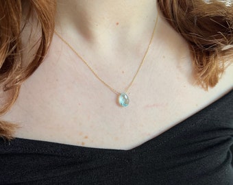 14k Gold Aquamarine Necklace, March Birthstone Necklace, Aquamarine Gemstone Jewlery, Gift for her,  Gift for Aqumarine Lover