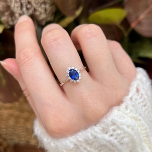 Princess Diana Sapphire and Diamond Ring, 14k Halo Real Diamond Sapphire Engagement Ring, Oval Real Sapphire Ring, September Birthstone