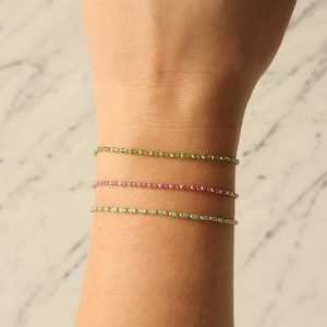 14K Gold Beaded Chain Bracelet – Colorful Layering Bracelet with Turquoise, Pink & Green Enamel Beads – Mini Ball Anklet –Gold Bead Bracelet