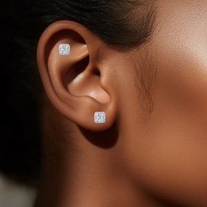18K White Gold Baguette Diamond Stud: Helix/Tragus Piercing