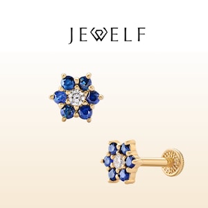 Piercing al trago in zaffiro a forma di fiore in oro 14K – Orecchini con parte posteriore piatta in zaffiro naturale, eleganti borchie a elica con diamanti per cartilagine – Vero oro 14K