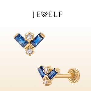Real Diamond and Sapphire Tragus Piercing, 14K Gold Baguette Sapphire Flat Back Earrings, Helix Earring, 16g Labret Helix Stud,