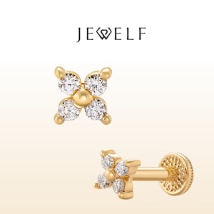 Aros con forma de flor de diamante en oro de 14 quilates, piercing para trago con diamante natural, aros florales con parte posterior plana, aros con forma de labio de 16 g, aros con forma de hélice
