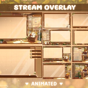 Stream Overlay Package Cosy room cat Écrans de stream Twitch Superposition de stream néon Overlays Lofi Twitch Scènes de stream Overlays marron image 2