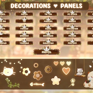 Puede incluir: Un conjunto de 24 paneles de transmisi&oacute;n de Twitch de madera marr&oacute;n con ilustraciones de gatos blancos y detalles florales. Los paneles presentan texto como "Contacto", "Acerca de m&iacute;", "Obras de arte", "Comandos", "Mercanc&iacute;a", "Propina", "Lista de reproducci&oacute;n", "Juegos", "Twitter", "Reglas", "Instagram", "Discord", "Sitio web", "Horario", "Medios", "Donar", "Youtube", "Suscribirse", "Patreon", "FAQ", "Tik Tok", "Especificaciones de PC", "Amigos" y "Cr&eacute;ditos".