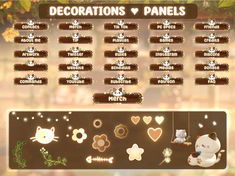 Puede incluir: Un conjunto de 24 paneles de transmisi&oacute;n de Twitch de madera marr&oacute;n con ilustraciones de gatos blancos y detalles florales. Los paneles presentan texto como "Contacto", "Acerca de m&iacute;", "Obras de arte", "Comandos", "Mercanc&iacute;a", "Propina", "Lista de reproducci&oacute;n", "Juegos", "Twitter", "Reglas", "Instagram", "Discord", "Sitio web", "Horario", "Medios", "Donar", "Youtube", "Suscribirse", "Patreon", "FAQ", "Tik Tok", "Especificaciones de PC", "Amigos" y "Cr&eacute;ditos".