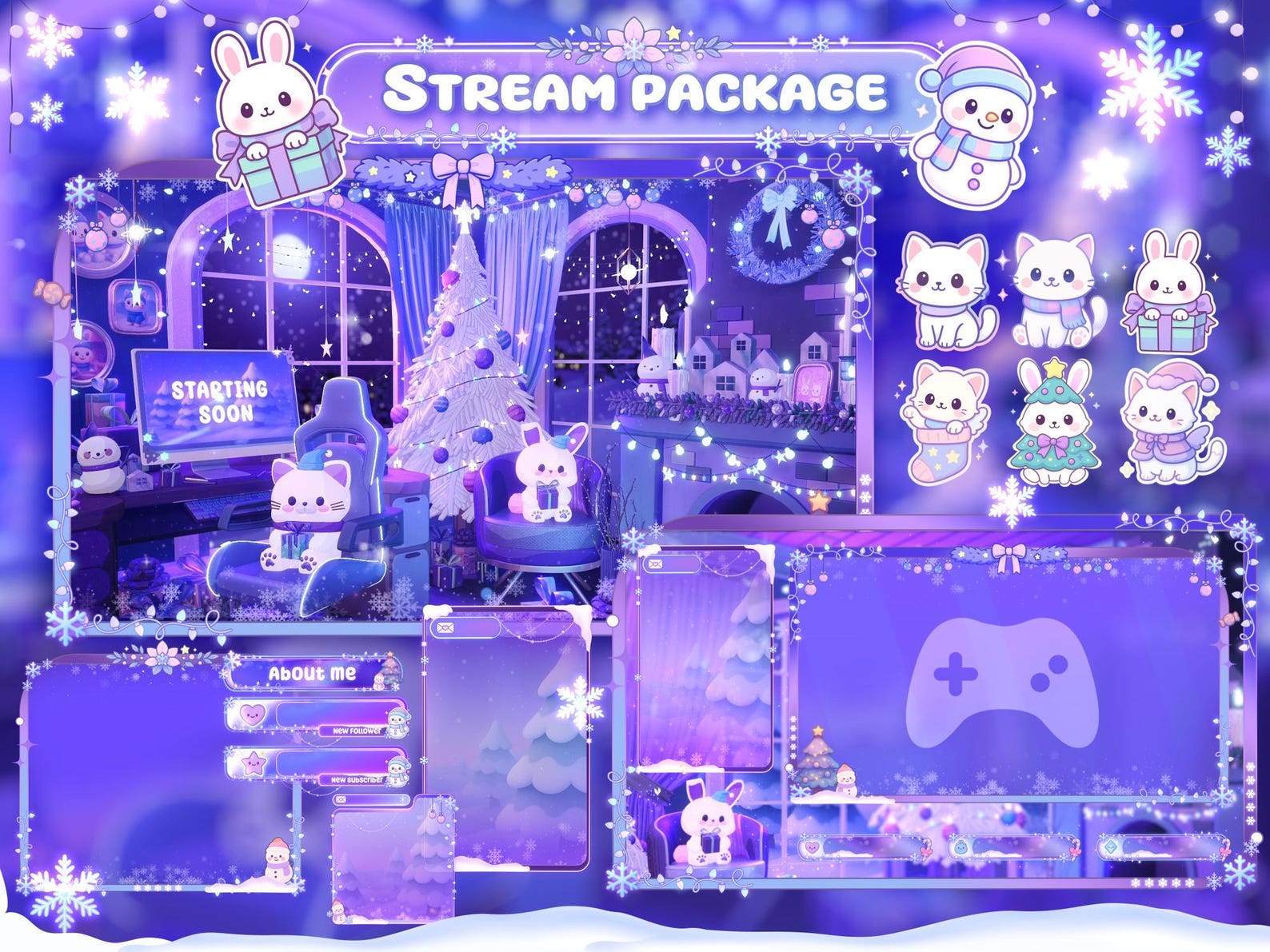 Cozy Christmas Cat & Rabbit Twitch Stream Overlay Package (digital ...