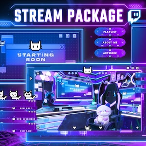 Pacote de sobreposição de stream Lofi neon cat - Twitch Stream Screens - Neon Stream Overlay - Twitch Overlays - Stream Scenes - Overlays - Violeta