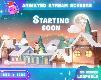 Christmas Animated Twitch Stream Screens: Santa Cat (5x MP4+PNG)