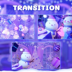 Puede incluir: Imagen festiva con la palabra "TRANSITION" en blanco. La imagen presenta tres paneles con tem&aacute;tica de vacaciones de invierno. Mu&ntilde;ecos de nieve, cajas de regalo y adornos sobre un fondo morado y azul.