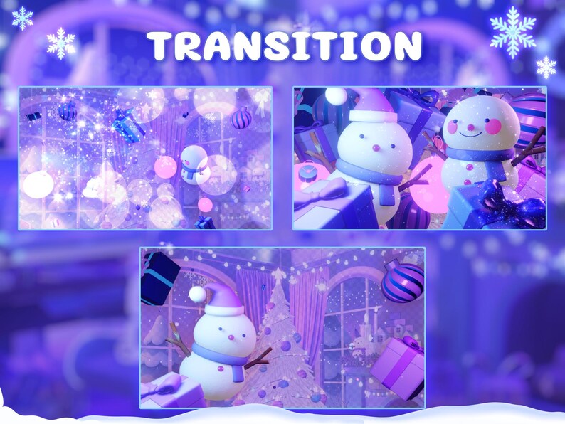 Puede incluir: Imagen festiva con la palabra "TRANSITION" en blanco. La imagen presenta tres paneles con tem&aacute;tica de vacaciones de invierno. Mu&ntilde;ecos de nieve, cajas de regalo y adornos sobre un fondo morado y azul.