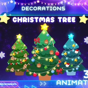 Könnte beinhalten: Drei animierte Weihnachtsbäume mit Dekorationen, Lichtern und Ornamenten. Die Bäume sind grün, blau und rot. Der Text "Decorations Christmas Tree 3X Animated" befindet sich oben im Bild.