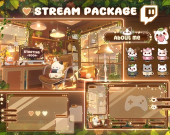 Stream Overlay Package Cozy room cat - Twitch Stream Screens - Neon Stream Overlay - Lofi Twitch Overlays - Stream Scenes -  Overlays -brown