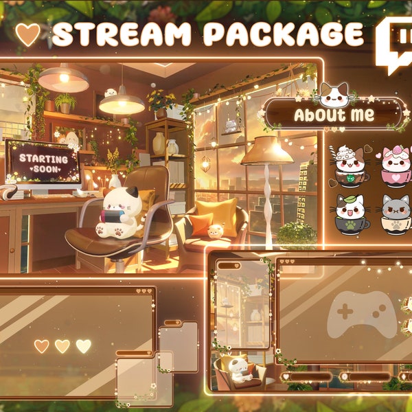 Stream Overlay Package Cozy room cat - Twitch Stream Screens - Neon Stream Overlay - Lofi Twitch Overlays - Stream Scenes -  Overlays -brown