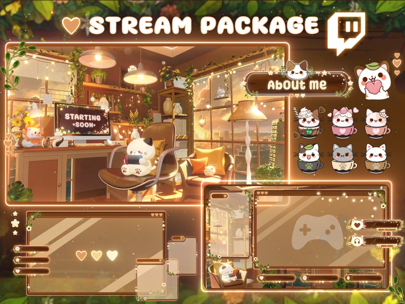 Puede incluir: Un paquete de transmisi&oacute;n de Twitch con un tema acogedor y hogare&ntilde;o. El paquete incluye una pantalla de inicio, un panel de informaci&oacute;n personal y una superposici&oacute;n de chat. El dise&ntilde;o presenta una combinaci&oacute;n de colores marr&oacute;n y beige con lindas ilustraciones de gatos y luces brillantes.