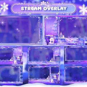 Puede incluir: Un dise&ntilde;o de superposici&oacute;n de transmisi&oacute;n digital con un tema de invierno. El dise&ntilde;o presenta una combinaci&oacute;n de colores p&uacute;rpura y azul con copos de nieve, un conejito y un &aacute;rbol de Navidad. El texto "STREAM OVERLAY" est&aacute; en la parte superior.