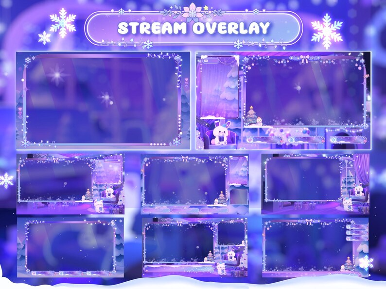 Puede incluir: Un dise&ntilde;o de superposici&oacute;n de transmisi&oacute;n digital con un tema de invierno. El dise&ntilde;o presenta una combinaci&oacute;n de colores p&uacute;rpura y azul con copos de nieve, un conejito y un &aacute;rbol de Navidad. El texto "STREAM OVERLAY" est&aacute; en la parte superior.