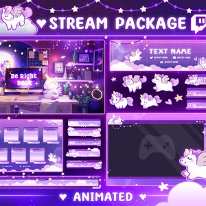 Pacote de sobreposição de stream Lofi Unicorn - Twitch Stream Screens - Neon Stream Overlay - Twitch Overlays - Stream Scenes - Overlays - Roxo