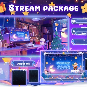 May include: A digital stream package with a winter theme. The design features a desktop setup with a computer screen displaying a moon and Santa Claus. The text "STREAM PACKAGE" and "STARTING SOON" are visible. The color palette includes blue, purple, and yellow.