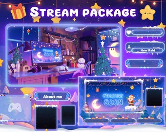 Christmas room Star night purple Stream Overlay Package: Animated Twitch Screens (Digital Download)