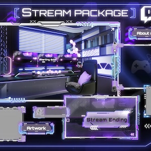 Stream Overlay Package Cyberpunk Gaming Violet neon - Twitch Stream Screens - Neon Stream Overlay - Twitch Overlays - Stream Scenes - Scifi