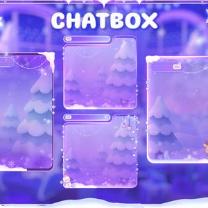 Puede incluir: Dise&ntilde;o de arte digital con tem&aacute;tica invernal con la palabra "CHATBOX" en la parte superior. El dise&ntilde;o incluye cuatro marcos de chatbox con &aacute;rboles nevados, copos de nieve, un mu&ntilde;eco de nieve y un reno. La paleta de colores es principalmente morada y blanca.
