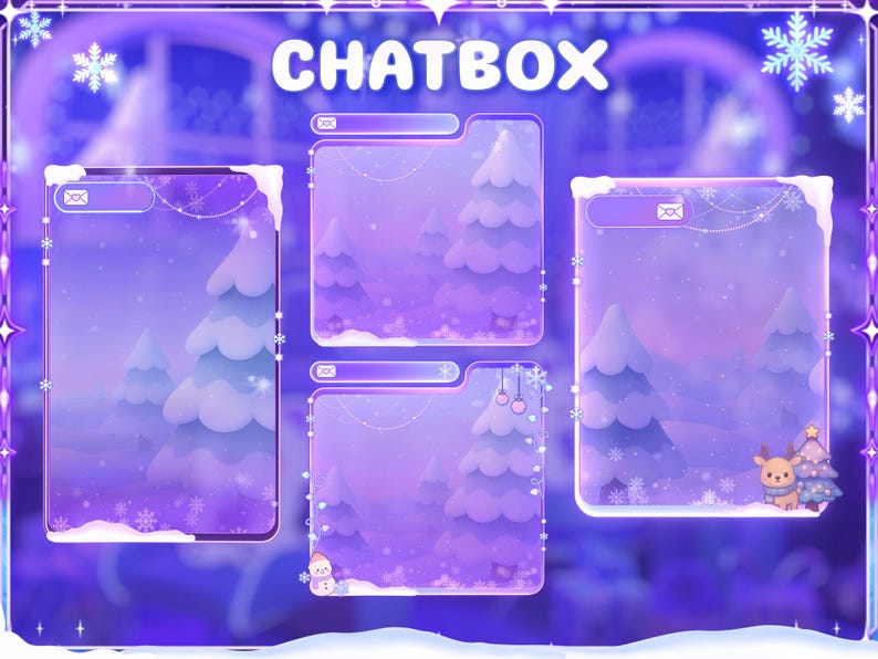 Puede incluir: Dise&ntilde;o de arte digital con tem&aacute;tica invernal con la palabra "CHATBOX" en la parte superior. El dise&ntilde;o incluye cuatro marcos de chatbox con &aacute;rboles nevados, copos de nieve, un mu&ntilde;eco de nieve y un reno. La paleta de colores es principalmente morada y blanca.