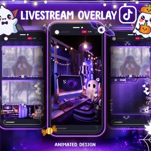 Può includere: Design di overlay per livestream a tema Halloween animato, con tre schermi di smartphone con una combinazione di colori viola e nero. Il design include fantasmi dei cartoni animati, zucche e il testo "LIVESTREAM OVERLAY".