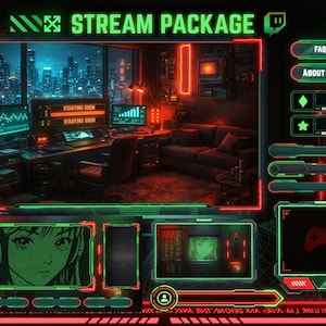 May include: A digital stream package with a futuristic design. The image features a gaming setup with multiple screens, a cityscape backdrop, and neon green and red accents. Text includes "STREAM PACKAGE" and "STARTING SOON".