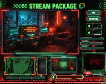 Animated Neon Stream Overlays Package, Cyberpunk Screens, Green Red (Digital Download)
