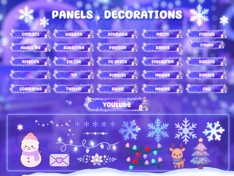 Puede incluir: Paneles y decoraciones digitales con tem&aacute;tica invernal. La imagen presenta varios botones con texto como "contacto", "website" y "suscribirse". Elementos adicionales incluyen copos de nieve, un mu&ntilde;eco de nieve y un reno.