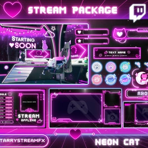 Pacote de sobreposição de stream Lofi neon cat Pink - Twitch Stream Screens - Neon Stream Overlay - Twitch Overlays - Stream Scenes - Love