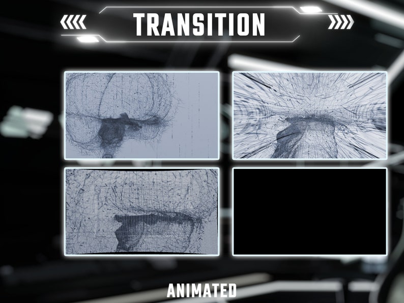 K&ouml;nnte beinhalten: Ein digitaler Animationseffekt mit dem Wort "TRANSITION" in wei&szlig;er Schrift auf schwarzem Hintergrund. Der Animationseffekt ist eine Reihe von vier Bildern, die ein wei&szlig;es und graues abstraktes Muster zeigen, das sich zu bewegen und zu ver&auml;ndern scheint.