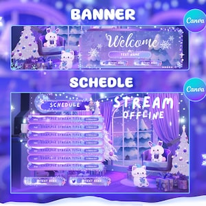 Puede incluir: Dise&ntilde;o digital de banner y horario con tem&aacute;tica invernal. El banner dice "Bienvenido" y el horario dice "Stream Offline". El dise&ntilde;o presenta una combinaci&oacute;n de colores p&uacute;rpura y blanco, copos de nieve y personajes de dibujos animados.